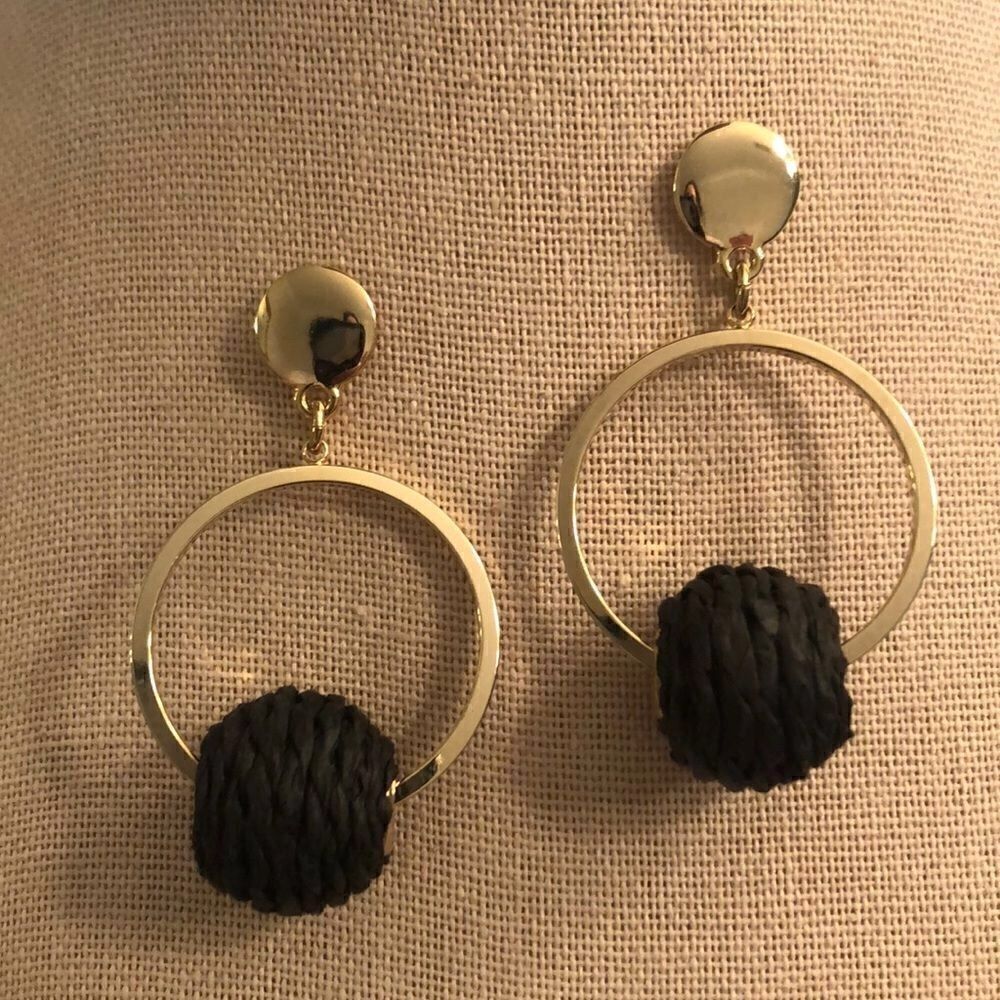 Raffia Ball and Hoop Earrings | Black and Gold | 2” Drop